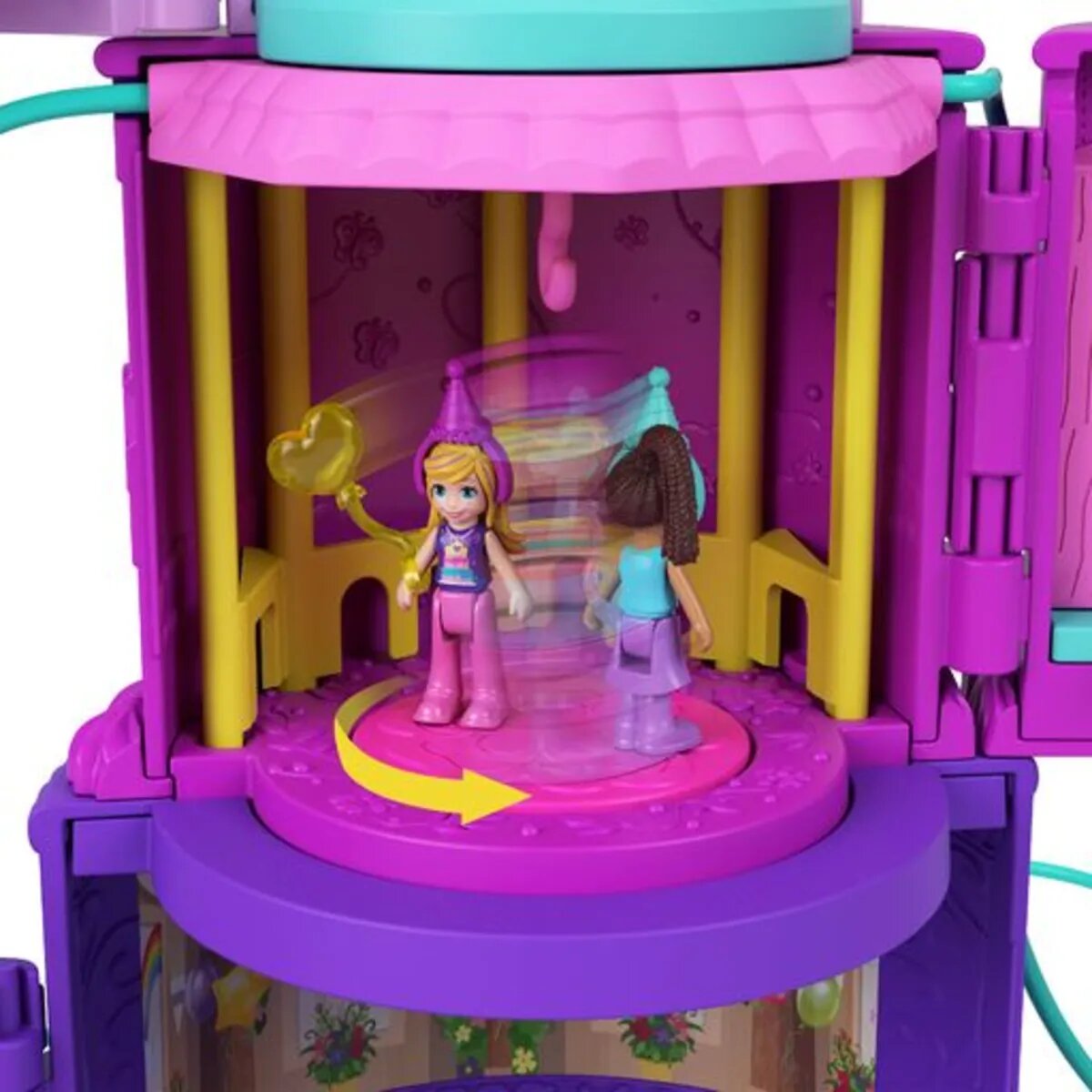 Mattel Polly Pocket Ausklappspaß-Schatulle Einhorn-Torte, niedliches Design, 25 Zubehörteile