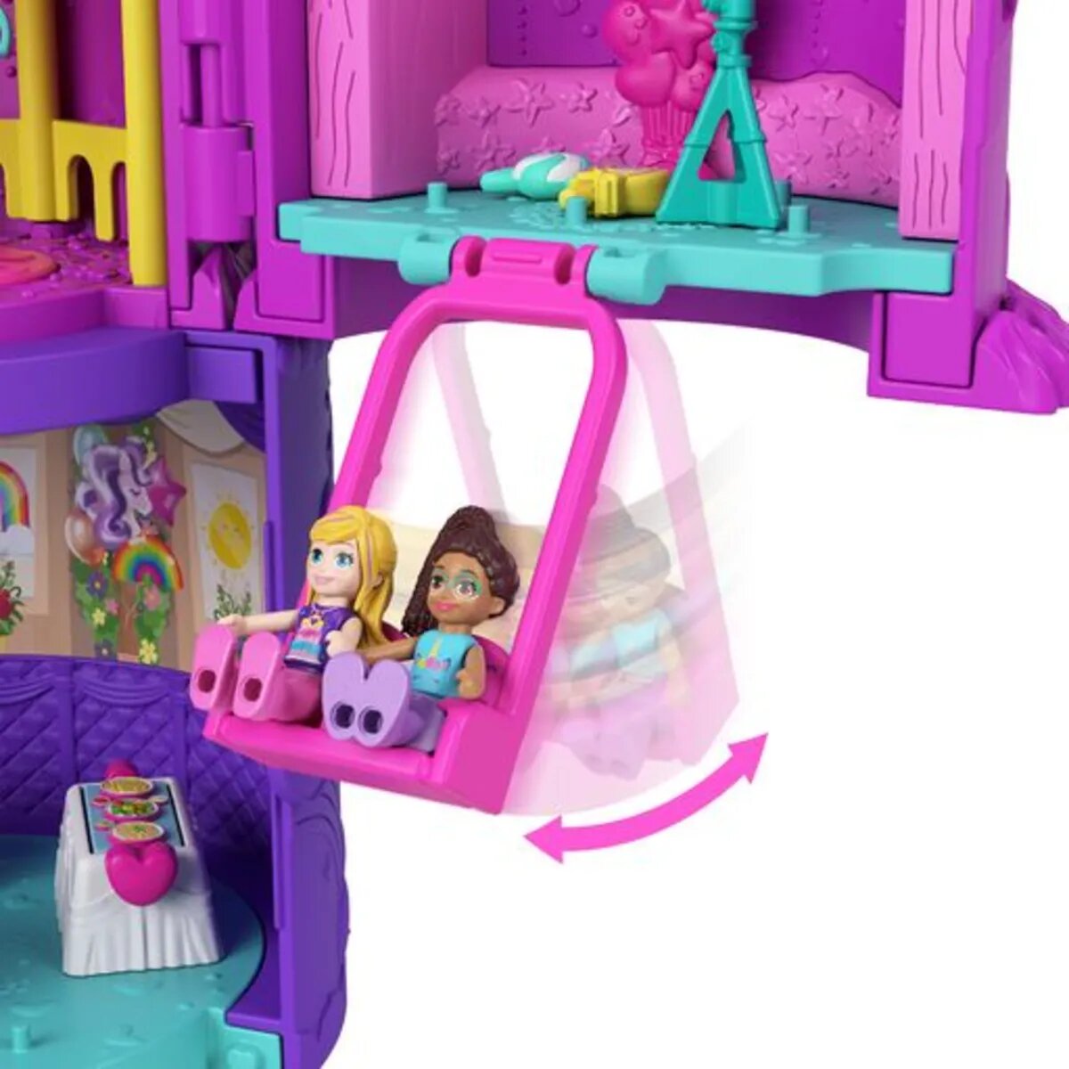 Mattel Polly Pocket Ausklappspaß-Schatulle Einhorn-Torte, niedliches Design, 25 Zubehörteile