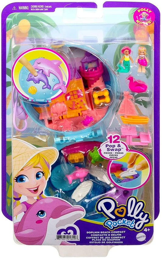 Mattel Polly Pocket Delfinstrand Schatulle mit 2 Puppen und 5 Überraschungen