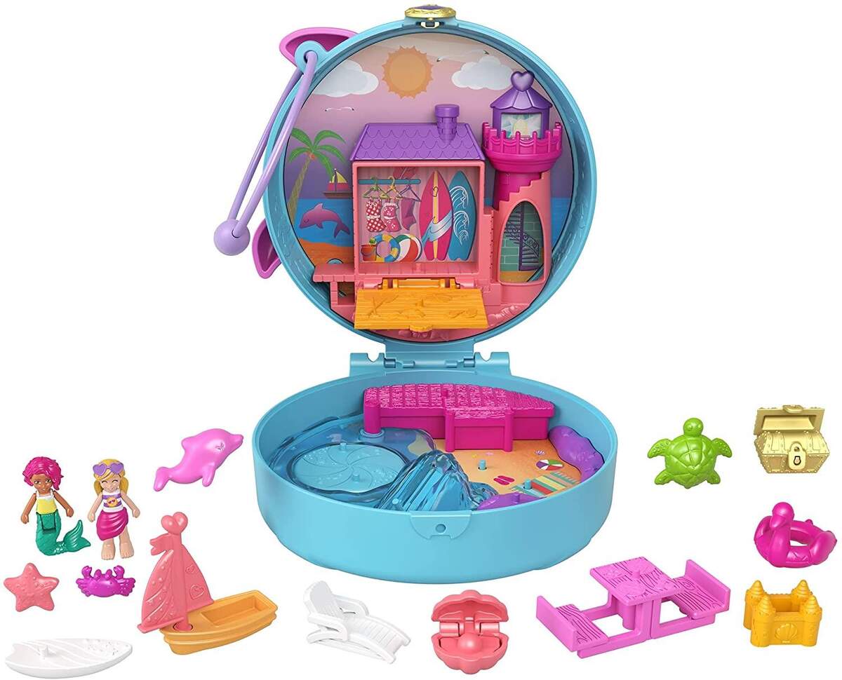 Mattel Polly Pocket Delfinstrand Schatulle mit 2 Puppen und 5 Überraschungen