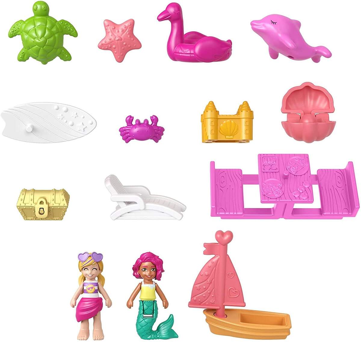 Mattel Polly Pocket Delfinstrand Schatulle mit 2 Puppen und 5 Überraschungen