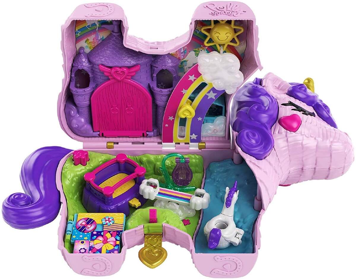 Mattel Polly Pocket Einhorn-Party Spielset, Polly und Lila Puppe und über 25 Überraschungen