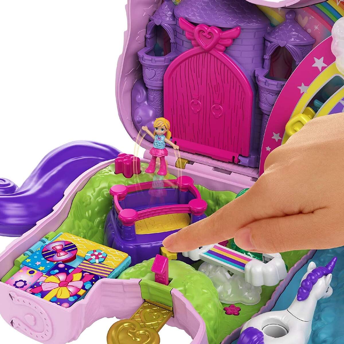 Mattel Polly Pocket Einhorn-Party Spielset, Polly und Lila Puppe und über 25 Überraschungen