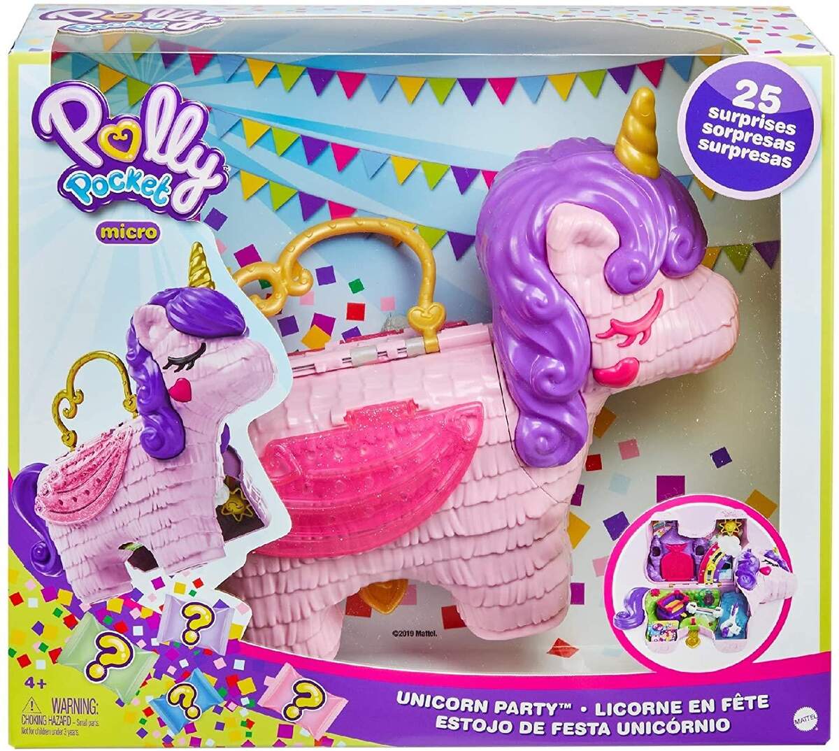 Mattel Polly Pocket Einhorn-Party Spielset, Polly und Lila Puppe und über 25 Überraschungen