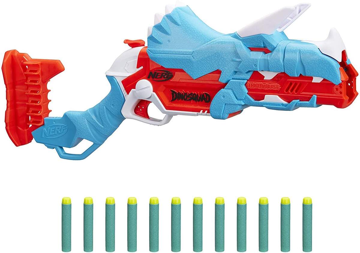 Nerf DinoSquad Tricera-Blast Dart-Blaster, aufklappbarer 3-Dart Lauf, 12 Nerf Darts