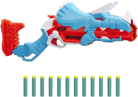 Nerf DinoSquad Tricera-Blast Dart-Blaster, aufklappbarer 3-Dart Lauf, 12 Nerf Darts