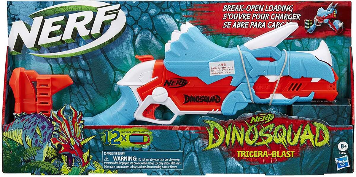 Nerf DinoSquad Tricera-Blast Dart-Blaster, aufklappbarer 3-Dart Lauf, 12 Nerf Darts