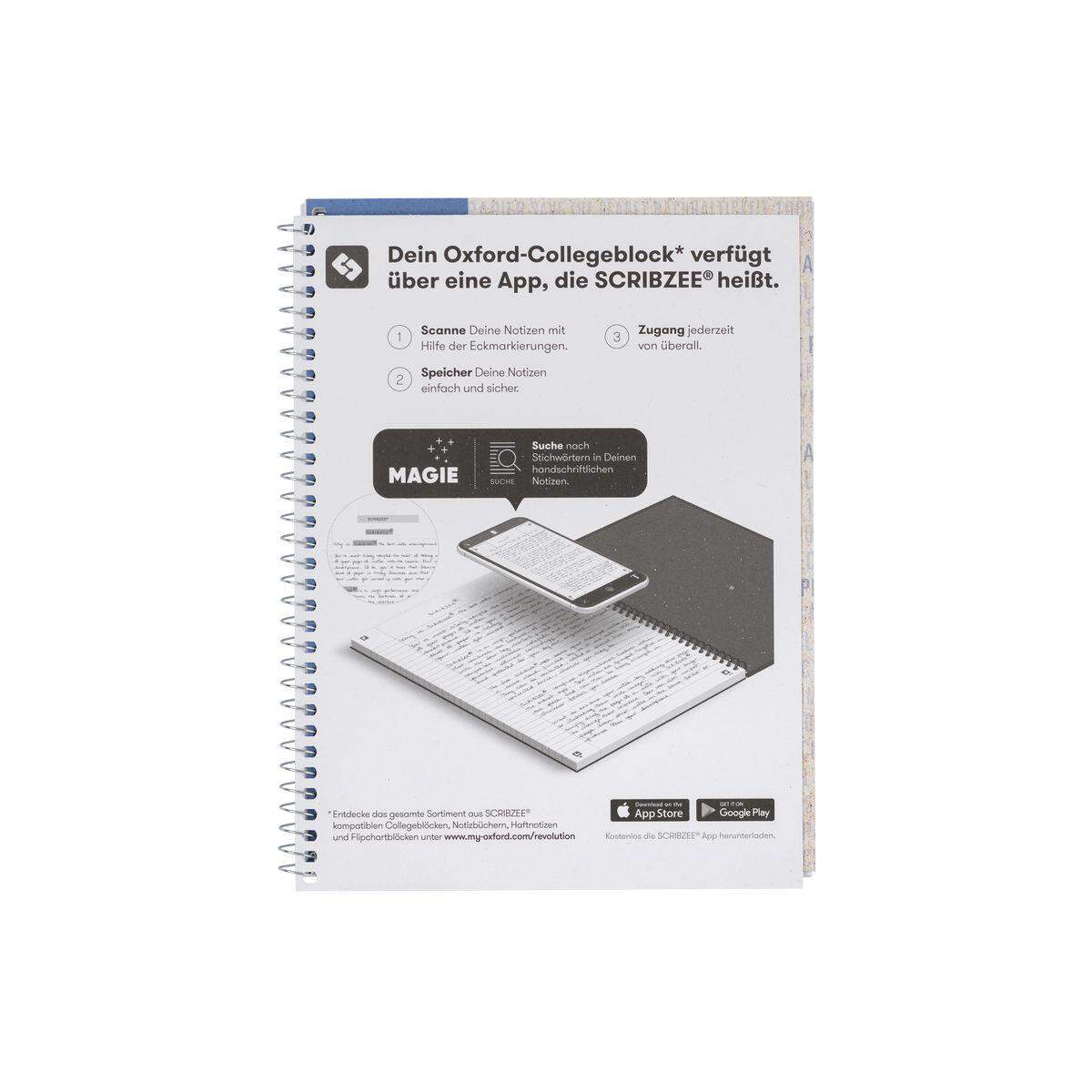 Oxford Recycling Collegeblock A5+, 80 Blatt, liniert mit Rand links, 90 g/m², 6fach gelocht