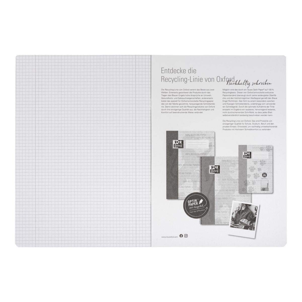 Oxford Recycling Schulheft A4, 16 Blatt, Lineatur 28 (kariert mit Rand links und rechts), 90 g/m²