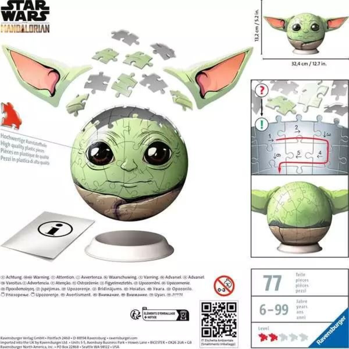Ravensburger 3D Puzzle - Mandalorian Grogu Puzzle-Ball mit Ohren, 77 Teile