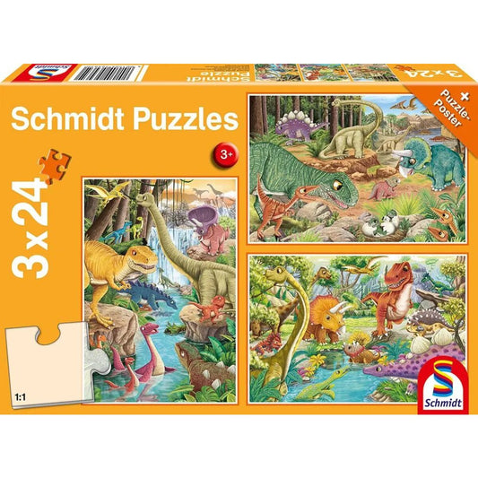 Schmidt Spiele Kinderpuzzle Spaß mit Dinosauriern, 3x 24 Teile