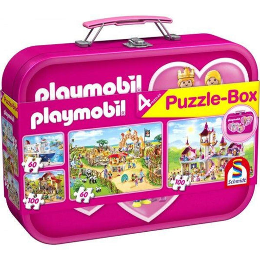 Schmidt Spiele Puzzle - Box im Metallkoffer PLAYMOBIL® pink, 4 Puzzle