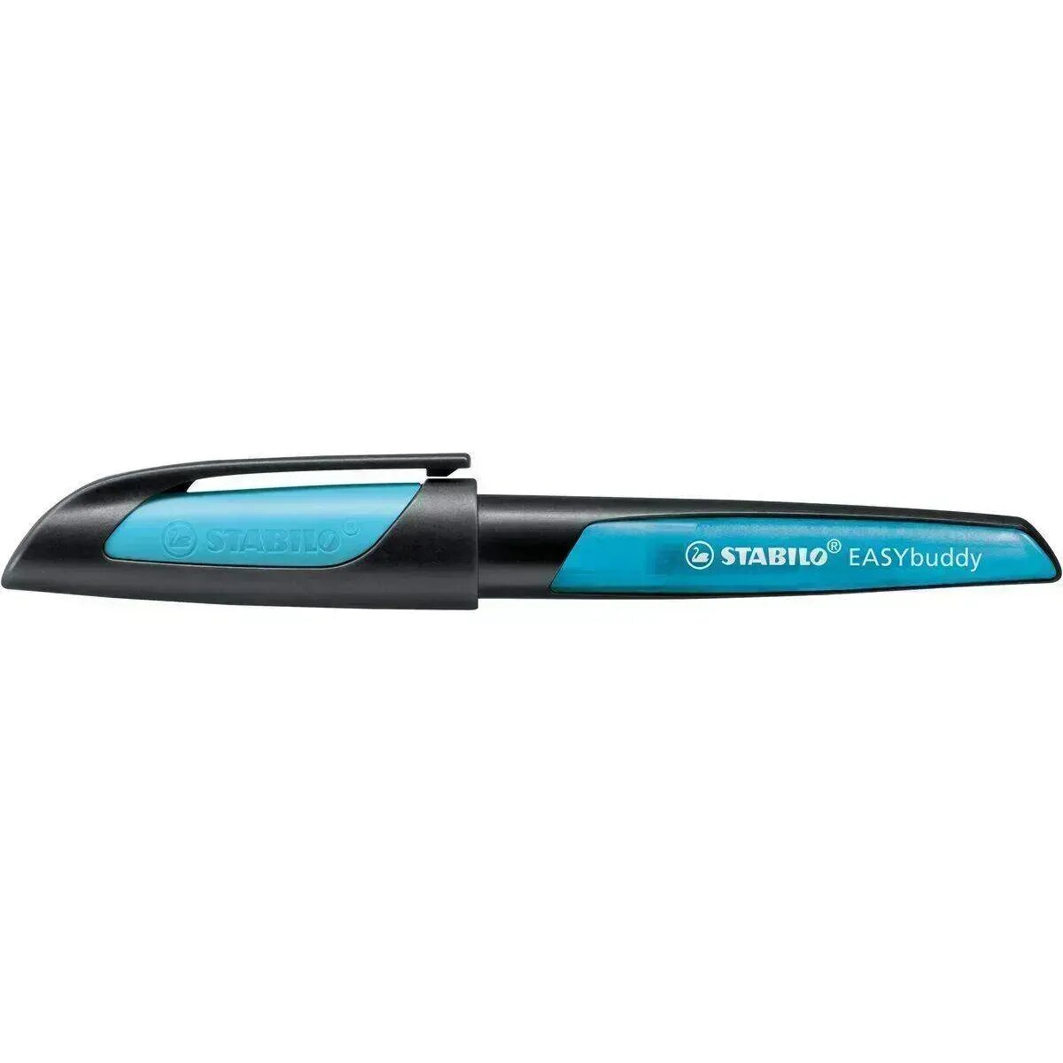 Schulfüller mit Linkshänder-Feder L - STABILO EASYbuddy in schwarz/himmelblau - Schreibfarbe blau (löschbar) - Einzelstift - inklusive Patrone