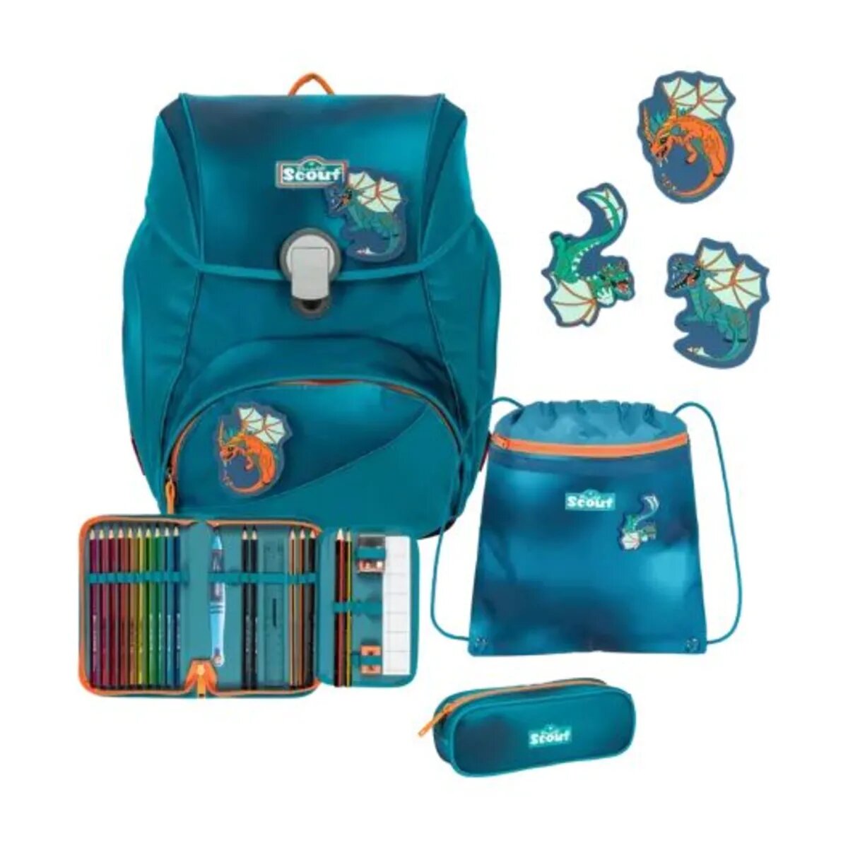 Scout Schulranzen-Set Alpha Exklusiv Superflash Seadragon, 4-teilig
