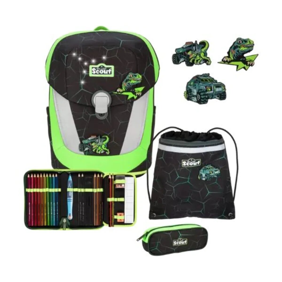 Scout Schulranzen-Set Sunny II Exklusiv LED DIN Dino Hunter, 4-teilig