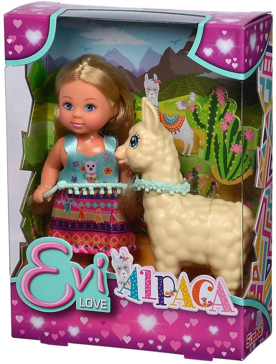 Simba Evi Love Puppe im süßen Outfit mit Alpaka und Leine, 12 cm