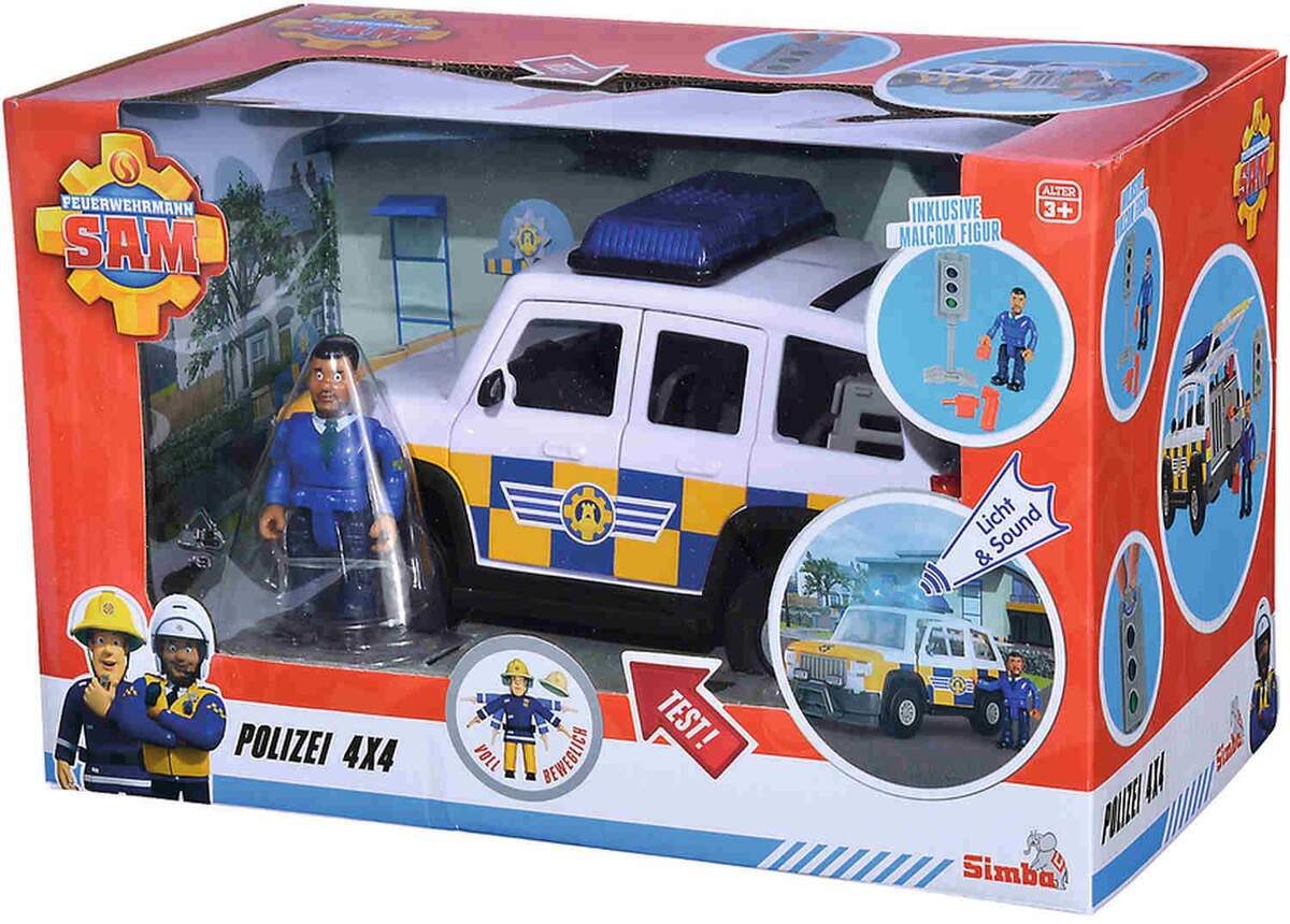 Simba Feuerwehrmann Sam Polizeiauto 4x4 mit Malcom Figur