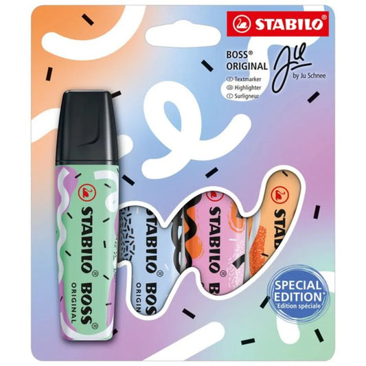 Textmarker - STABILO BOSS ORIGINAL Pastel by Ju Schnee - 4er Pack - Hauch von Minzgrün, Wolkenblau, frische Fuchsie, sanftes Orange